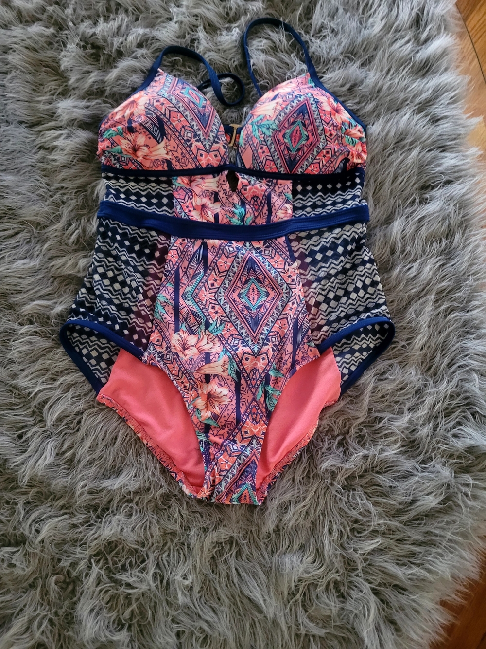 Kids Floral & Geometric One-Piece Swimsuit - Pink & Navy